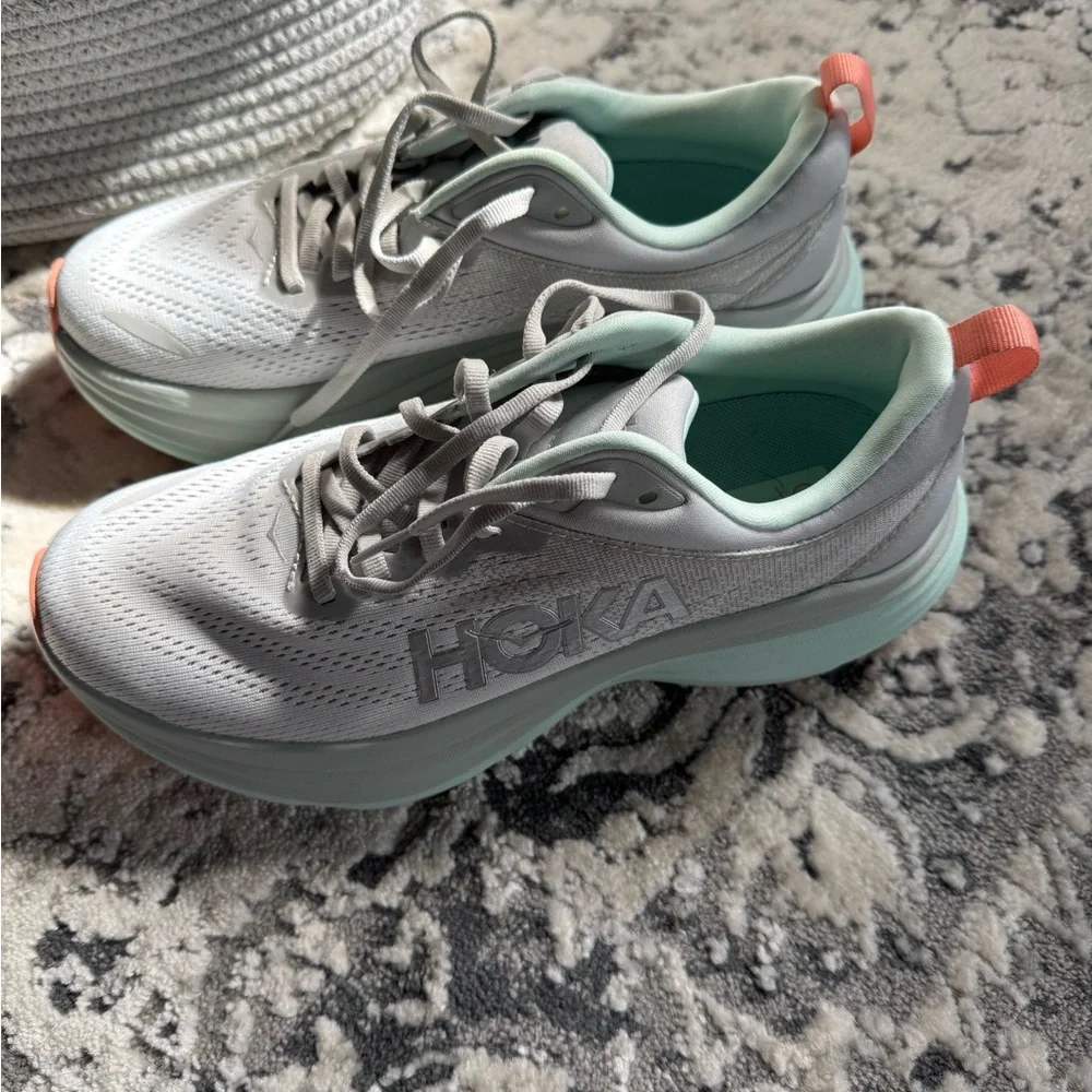 Hoka Bondi 8 Women's Gray and Mint Sneakers - Picture 2 of 5
